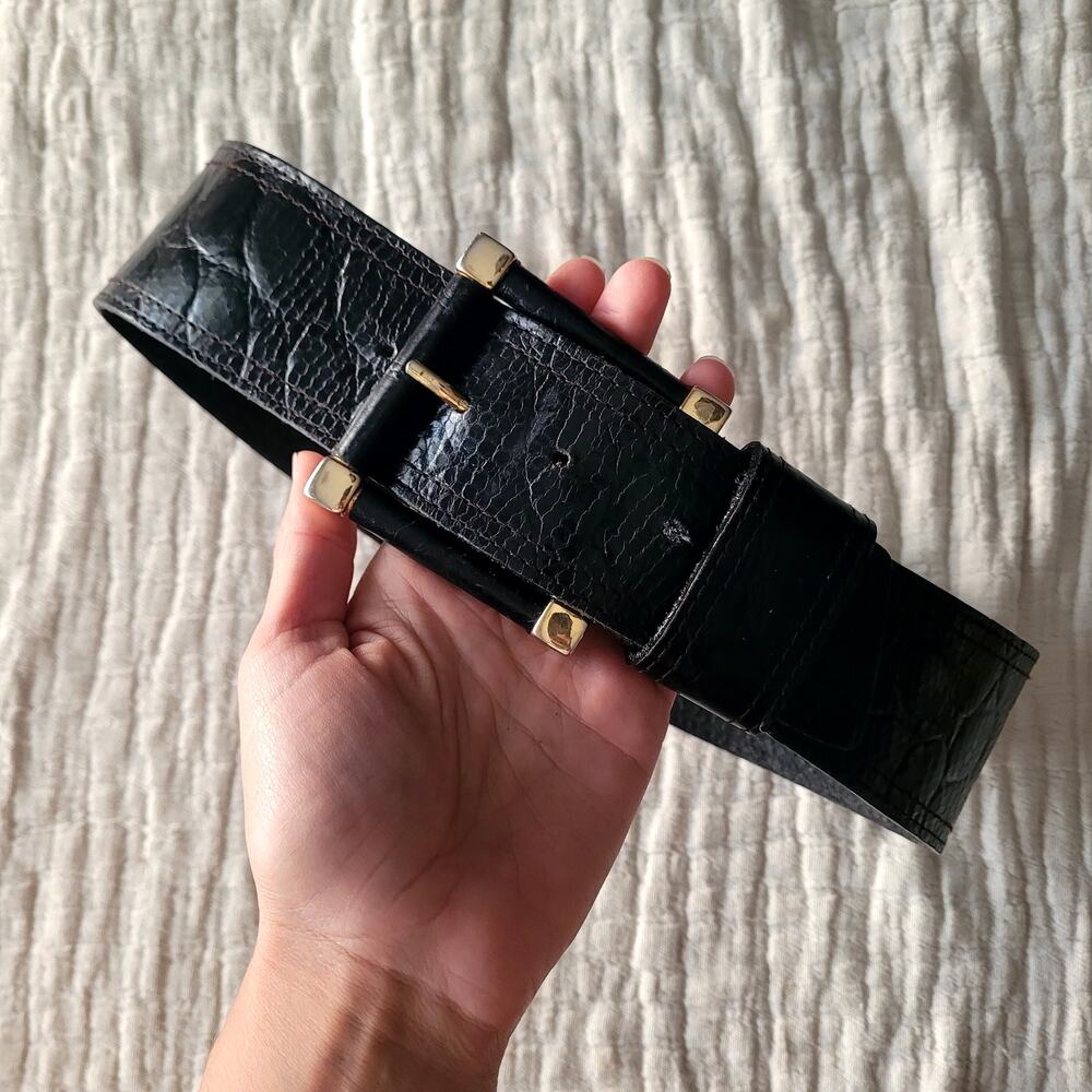 Vtg Wide Croc Embossed Statement Waist Belt Sz S